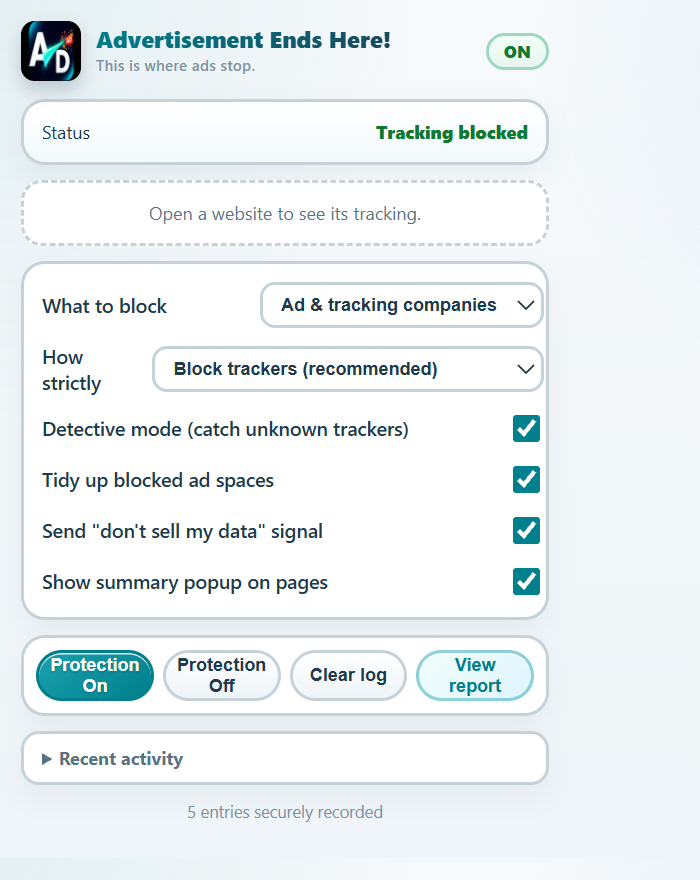 Extension popup showing protection status and settings